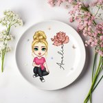 Personalised Cute Cartoon Character Ceramic Ring Dish Jewellery Tray with Birth Flower and Name Birthday Bridesmaid Gift for Women Girls