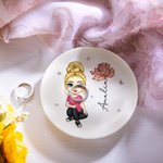 Personalised Cute Cartoon Character Ceramic Ring Dish Jewellery Tray with Birth Flower and Name Birthday Bridesmaid Gift for Women Girls