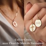 Collier Pendentif Gravé Personnalisé avec Fleur de Naissance et Croix Cadeau Fête des Mères pour Femme