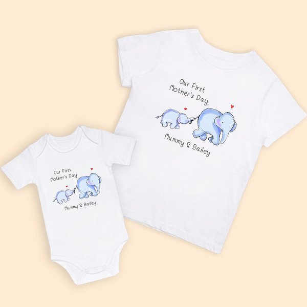 Día de la madre personalizado Nuestro primer elefante Camiseta a juego para bebé y mamá con nombres Regalo para bebé Nueva mamá