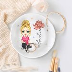 Personalised Cute Cartoon Character Ceramic Ring Dish Jewellery Tray with Birth Flower and Name Birthday Bridesmaid Gift for Women Girls