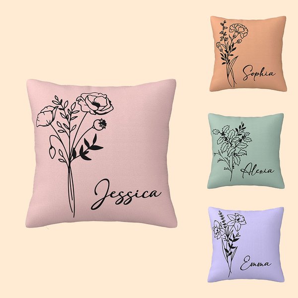 Personalised Multicolour Birth Flower Pillow Cover with Name Mother's Day Birthday Gift for Woman