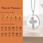 Collier Pendentif Gravé Personnalisé avec Fleur de Naissance et Croix Cadeau Fête des Mères pour Femme
