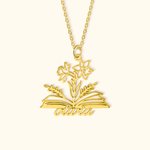 Gepersonaliseerde Geboorte Bloemen Boek Ketting met Naam Terug naar School Verjaardag Moederdag Cadeau voor Vrouw Boekenliefhebber