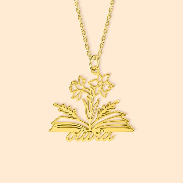 Gepersonaliseerde Geboorte Bloemen Boek Ketting met Naam Terug naar School Verjaardag Moederdag Cadeau voor Vrouw Boekenliefhebber