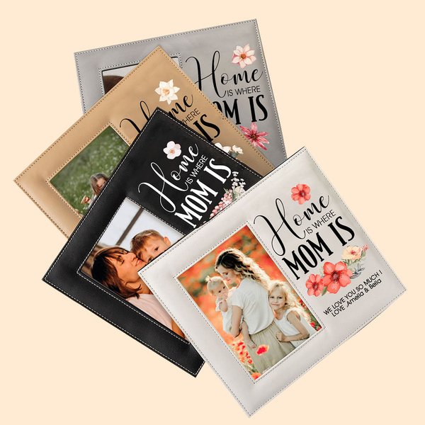 Personalised Home Is Where Mom Is Birth Flower Leather Photo Frame with Folding Stand and Hanger Birthday Mother's Day Gift for Her