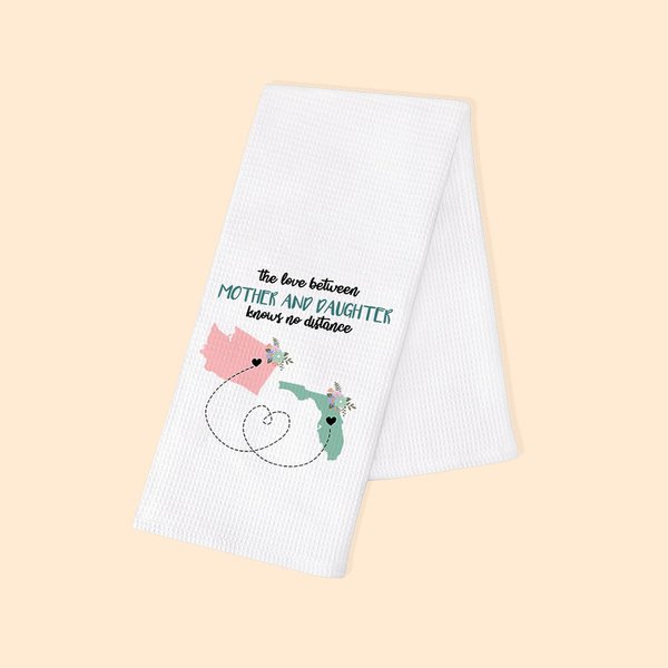 Personalizzato L'amore tra madre e figlia non conosce distanze Mappa 100% cotone Waffle Tea Towel Regalo per la festa della mamma a distanza per la fa