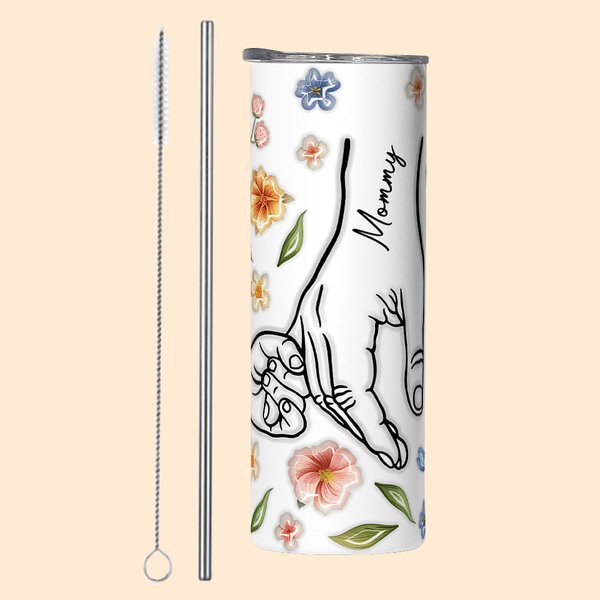 Personalized Watercolour Flowers 3D Effect Hand in Hand Names Skinny Tumbler with Straw and Brush Mother’s Gift for Mom Grandma