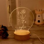 Gepersonaliseerd Geboortebloem Zodiac Naam LED Nachtlampje met Houten Basis Home Decoratie Valentijnsdag Verjaardagscadeau voor Paar of Kind