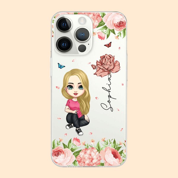 Coque iPhone Personnalisée avec Dessin Femme Fleur de Naissance et Nom Cadeau Anniversaire Fête pour Femme