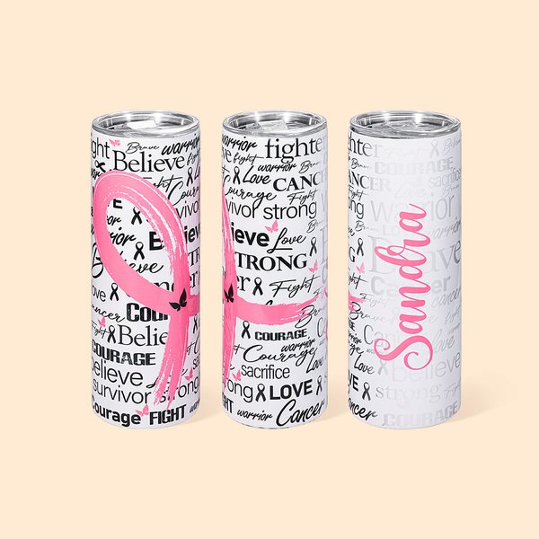 Gepersonaliseerde Breast Cancer Awareness Pink Ribbon 20oz Skinny Tumbler met rietje en deksel Inspirerend cadeau voor vrouwen