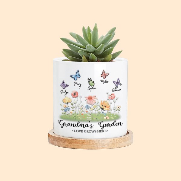 Personalized Grandma's Garden Butterfly Ceramic Plant Pot with Names Mother's Day Housewarming Gifts for Grandma Mom