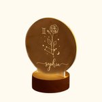 Gepersonaliseerd Geboortebloem Zodiac Naam LED Nachtlampje met Houten Basis Home Decoratie Valentijnsdag Verjaardagscadeau voor Paar of Kind