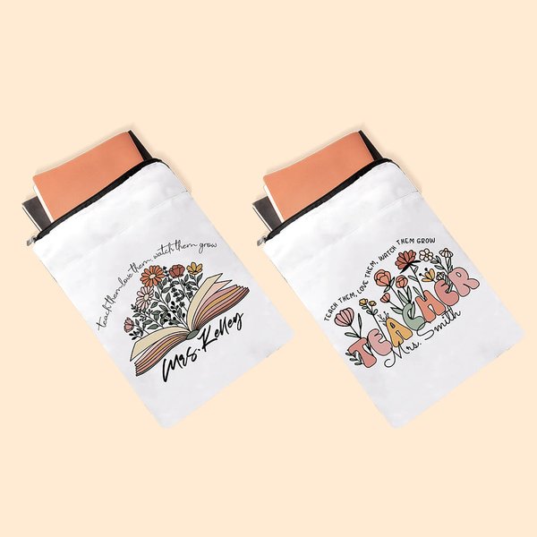 Personalised Spring Boho Wildflowers Name Book Cover with Zipper Appreciation End of School Gift for Teacher