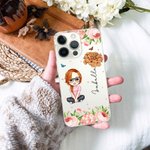 Personalised Cute Cartoon Character Phone Case with Birth Flower and Name Mother's Day Birthday Gift for Her