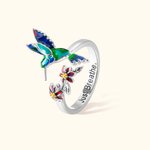 Personalised Adjustable Hummingbird Ring with Red Flower and Engraved Text Sterling Silver Woman Jewellery Birthday Gift for Bird Lover