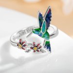 Personalised Adjustable Hummingbird Ring with Red Flower and Engraved Text Sterling Silver Woman Jewellery Birthday Gift for Bird Lover
