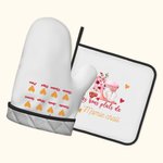 Set de 2 Guantes de Cocina y Porta Ollas Personalizados con Nombre y Texto Flor de Corazón para Mamá Amante de la Cocina