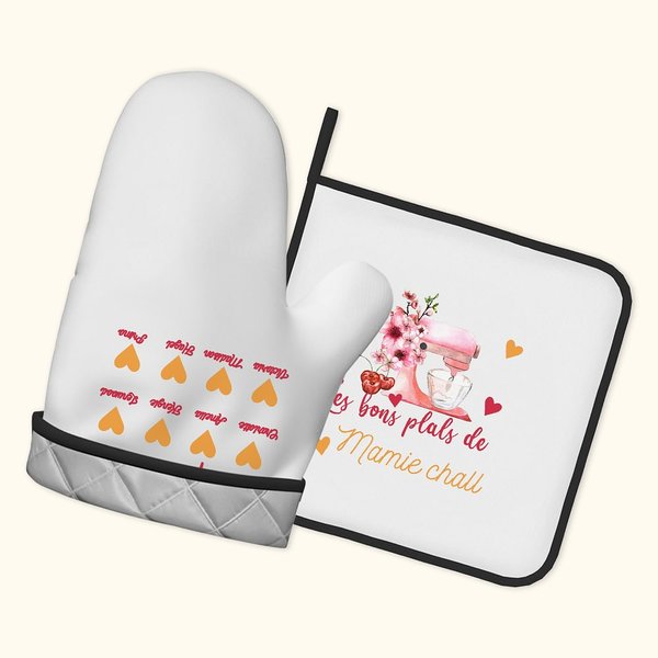 Lot de 2 gants de cuisine et supports de casseroles personnalisés avec nom et texte Cadeau de fête des mères pour maman qui aime cuisiner