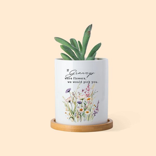 Personalisierte Aquarell Floral Keramik Pflanzentopf mit Bambus Basis und Name Muttertag Geburtstag Geschenk für Mama Oma