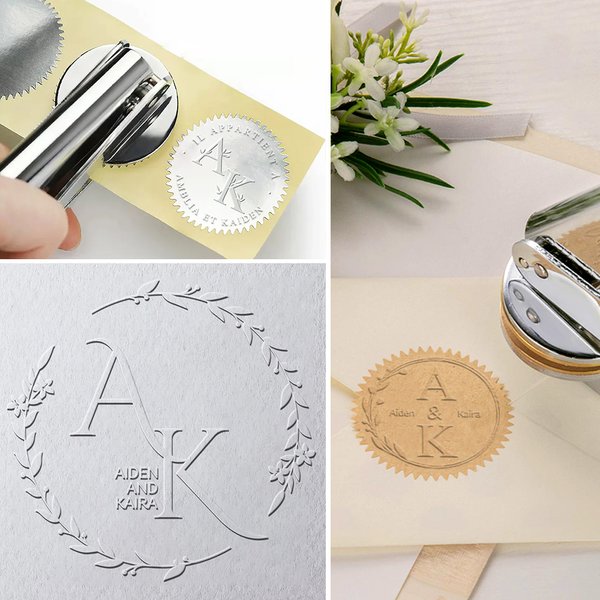 Tampon de Gaufrage Personnalisé avec Motif Initiales Prénoms Gaufreuse Invitation de Mariage Livre Cadeau de Mariage Lecture pour Nouveaux Mariés