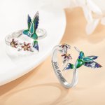 Personalised Adjustable Hummingbird Ring with Red Flower and Engraved Text Sterling Silver Woman Jewellery Birthday Gift for Bird Lover