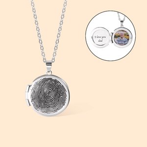 Personalisierte Tiny Runde Fingerabdruck Foto Medaillon Halskette mit Text Memorial Geschenk für den Verlust von geliebten Menschen