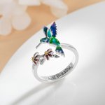 Personalised Adjustable Hummingbird Ring with Red Flower and Engraved Text Sterling Silver Woman Jewellery Birthday Gift for Bird Lover