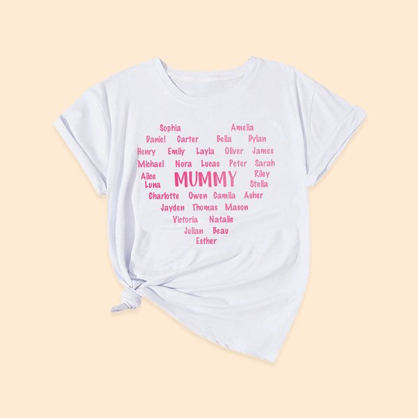 Camiseta personalizada 100% algodón Corazón degradado con 1-32 nombres Día de la Madre Cumpleaños Regalo para Mamá Abuela