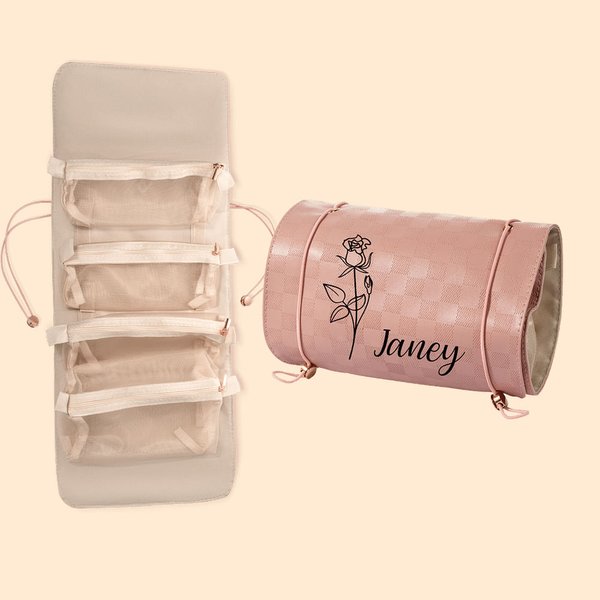 Fiore di nascita personalizzato Quattro in uno organizzatore di trucco appeso con nome Accessori da viaggio portatili Regalo per la festa della mamma per le donne