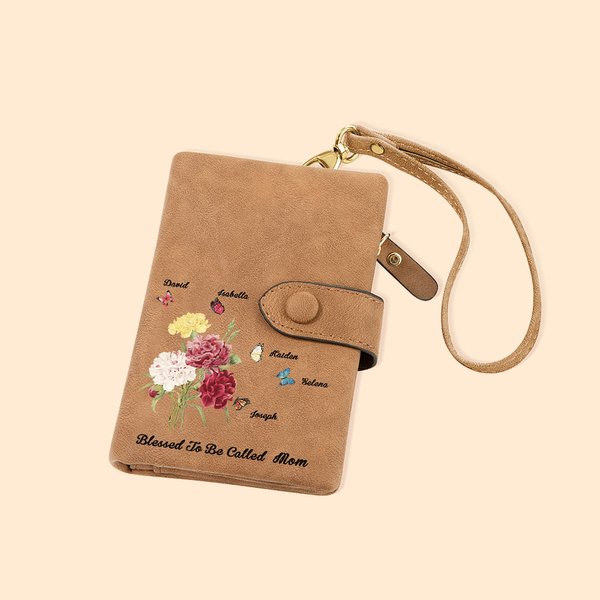 Portafoglio in pelle tri-fold personalizzato in stile bouquet di garofani con 1-6 farfalle di nascita e nomi Regalo per la festa della mamma per lei
