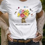 Personalized 1-12 Butterflies Carnations Bouquet T-shirt with Names Mother's Day Birthday Gift for Mom Grandma