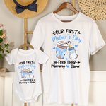 Gepersonaliseerd Coquette Strik Babyflesje en Koffie Kopje 100% Katoenen T-Shirt Baby Rompertje met Namen Onze Eerste Moederdag Cadeau voor Mama Baby