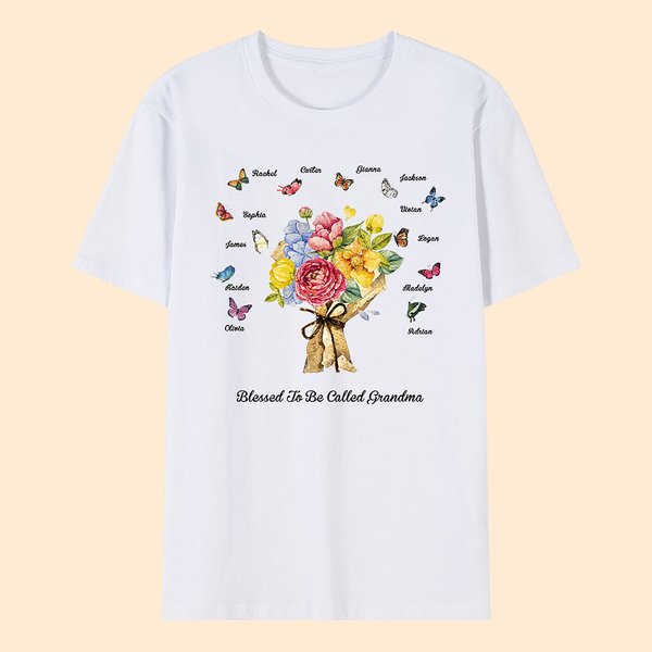 T-shirt personnalisé 1-12 Papillons Oeillets Bouquet avec noms Fête des mères Cadeau d'anniversaire pour Maman Grand-mère
