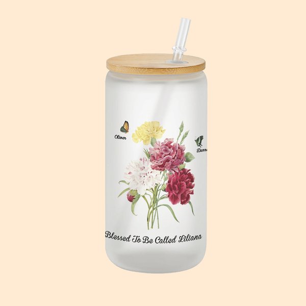 Personalised Butterfly Carnation Bouquet 20oz Frosted Can Glass Cup with Name Mother's Day Birthday Gift for Mom Grandma