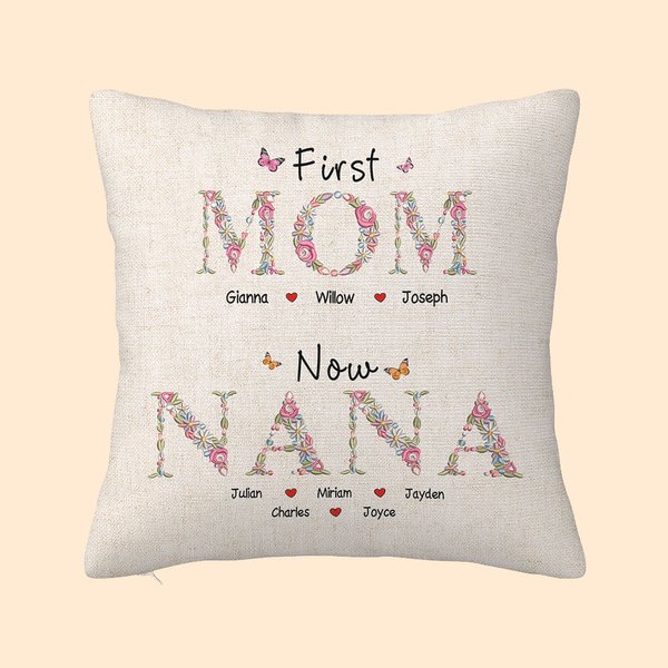 Personalized Flowers Heart Throw Pillow Cover with Kid Names Mother' Day Birthday Gift for Grandma