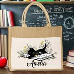 Bolsa de Yute con Nombre y Bolsillo de Lona Personalizada Floral Gato Negro Amor Lectura Regalo de Cumpleaños para Profesores Amantes de los Libros