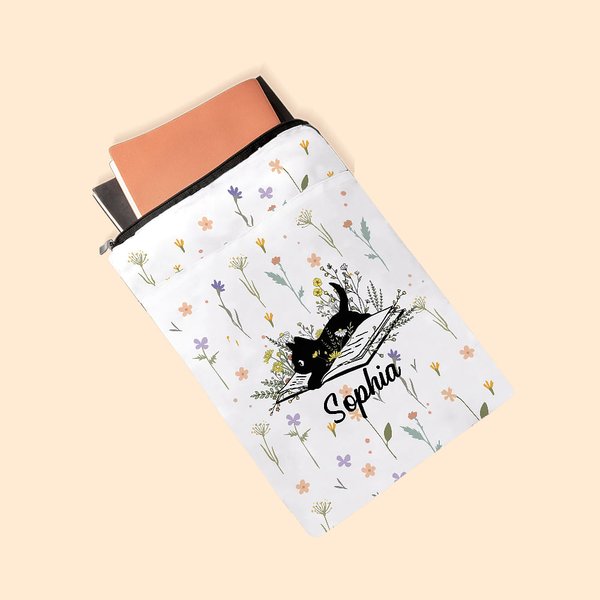 Personalisierte florale schwarze Katze wasserdichte Buchhülle Schutz mit Reißverschluss und Tasche Geburtstag Anerkennung Geschenk für das Lesen Liebh