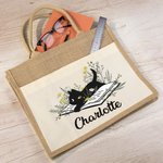 Bolsa de Yute con Nombre y Bolsillo de Lona Personalizada Floral Gato Negro Amor Lectura Regalo de Cumpleaños para Profesores Amantes de los Libros