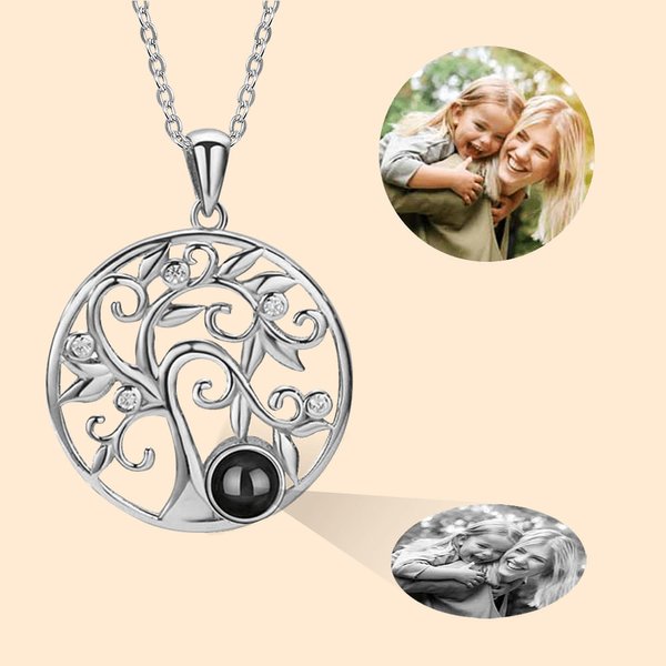 Personalized Family Tree Photo Projection Sterling Silver Necklace with I Love You in 100 Languages Mother's Day Gift for Woman