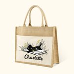 Bolsa de Yute con Nombre y Bolsillo de Lona Personalizada Floral Gato Negro Amor Lectura Regalo de Cumpleaños para Profesores Amantes de los Libros