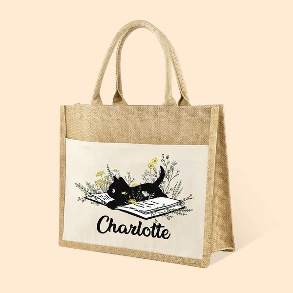 Bolsa de Yute con Nombre y Bolsillo de Lona Personalizada Floral Gato Negro Amor Lectura Regalo de Cumpleaños para Profesores Amantes de los Libros