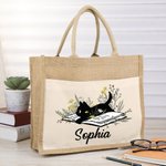 Bolsa de Yute con Nombre y Bolsillo de Lona Personalizada Floral Gato Negro Amor Lectura Regalo de Cumpleaños para Profesores Amantes de los Libros