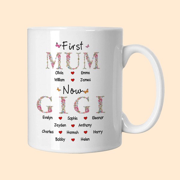 Tazza in ceramica personalizzata con nomi per la festa della mamma e per il compleanno della nonna.
