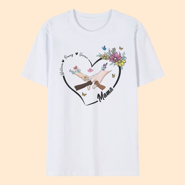 Gepersonaliseerd Holding Hand Heart Flower Design T-shirt Sweatshirt met Naam Moederdag Verjaardagscadeau voor vrouwen