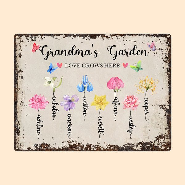 Acquerello personalizzato nascita giardino fiorito segno di latta vintage pittura murale decorativa con nome Festa della mamma regalo di compleanno pe