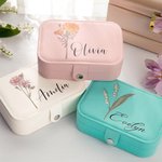 Boîte à Bijoux en Cuir PU Personnalisée avec Nom Fleur de Naissance Coffret Étanche avec Compartiments Cadeau Anniversaire Mariage Voyage pour Femme