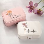 Boîte à Bijoux en Cuir PU Personnalisée avec Nom Fleur de Naissance Coffret Étanche avec Compartiments Cadeau Anniversaire Mariage Voyage pour Femme