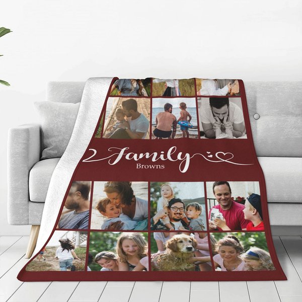 Personalised Multicolour 16 Photos Collage Soft Family Throw Blanket with Name Birthday Christmas Home Decoration Gift for Family