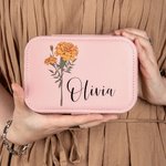 Boîte à Bijoux en Cuir PU Personnalisée avec Nom Fleur de Naissance Coffret Étanche avec Compartiments Cadeau Anniversaire Mariage Voyage pour Femme